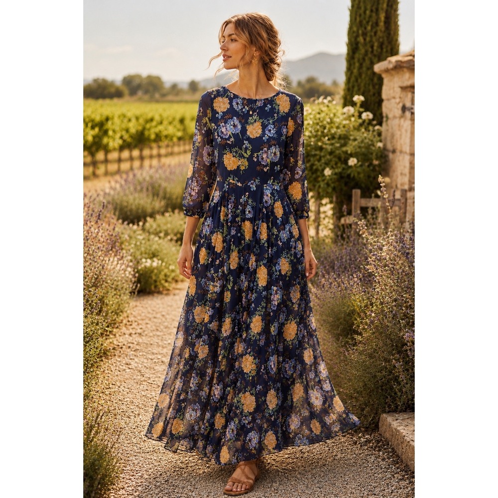Yumi Kim Woodstock Maxi Dress Women XS Lilac Passion‎ Floral Chiffon Boho Navy
